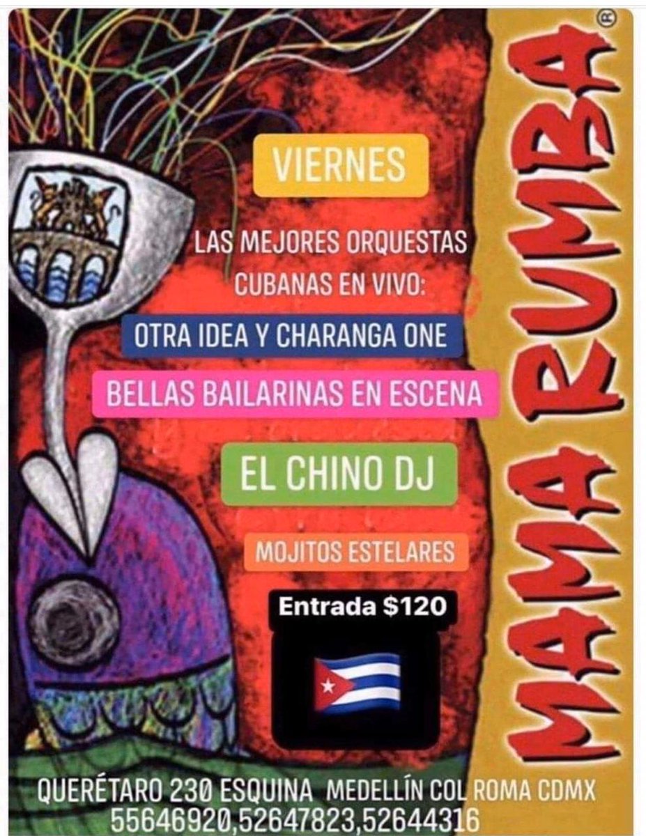 MamaRumbaDF's tweet photo. Este viernes baila con las mejores orquestas cubanas en vivo!! #bailando #ColoniaRoma  #ViernesSalsero https://t.co/IILSo00uK6