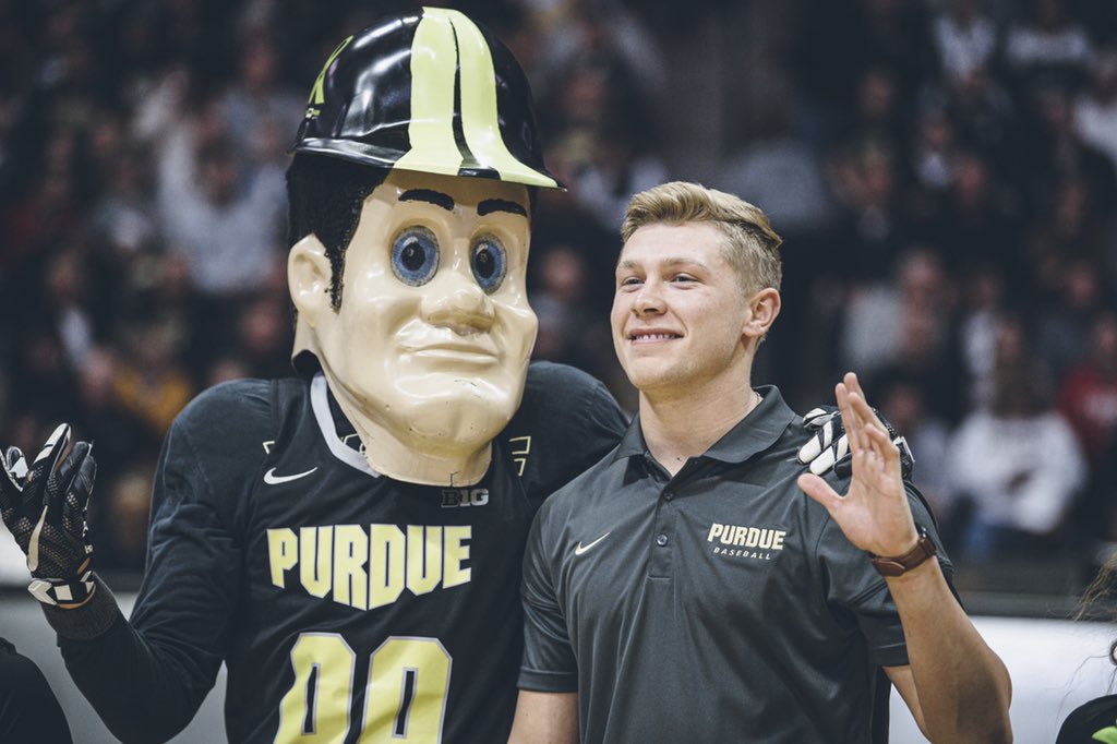 PurdueBaseball's tweet photo. Congrats to @trentjohnson__8! 

Trent was recognized as the Student-Athlete of the Game at tonight’s @BoilerBall game for his outstanding performance on the field and in the classroom as well as his service to the community. #BoilerUp https://t.co/zuM6hyiC2x