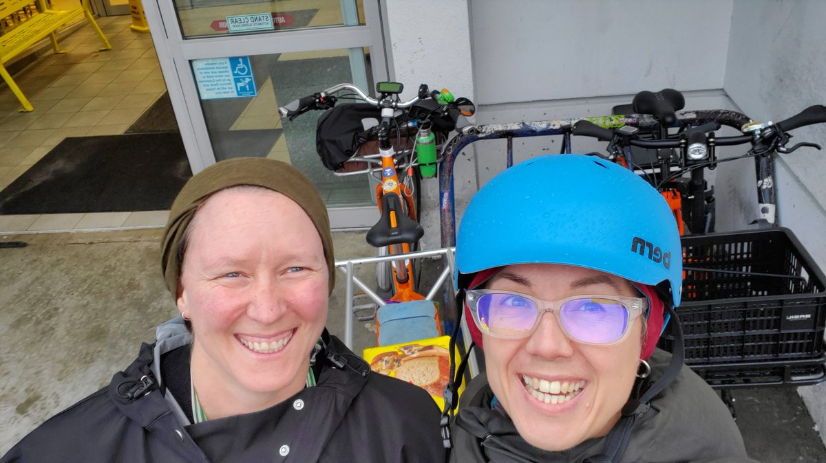  #Bike365 day 24: morning school run & groceries. Bumped into a  #YVRFamilyBiking friend at the bike racks! Got home before the torrential downpour, then had another break in the rain for afternoon pickup & errand.  14km
