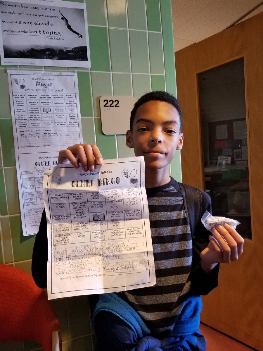VibrantLibrary's tweet photo. B I N G O ... and Bingo was his name-o! Another #PowerUpAndRead #PowerUpRead winner here @BPMSbuzzAACPS https://t.co/F7YAHkUN7M