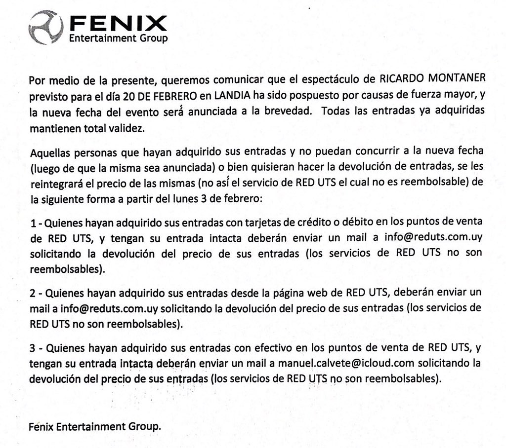 REDUTSUY's tweet photo. COMUNICADO DE PRENSA DE FENIX POSTERGANDO NUEVAMENTE EL SHOW DE MONTANER EN URUGUAY. https://t.co/j3m7IcbI6r