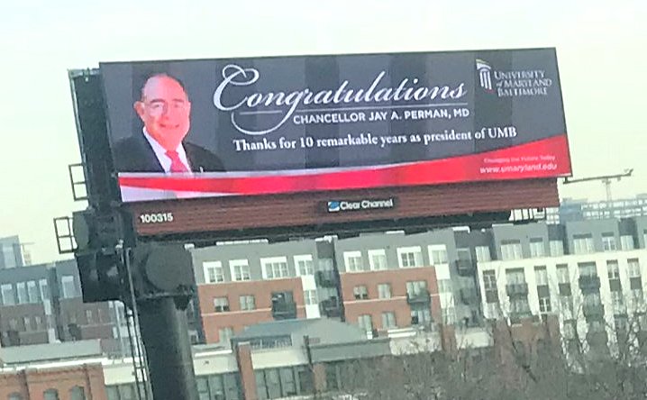 Billboard congratulating new USM Chancellor Jay Perman, MD.