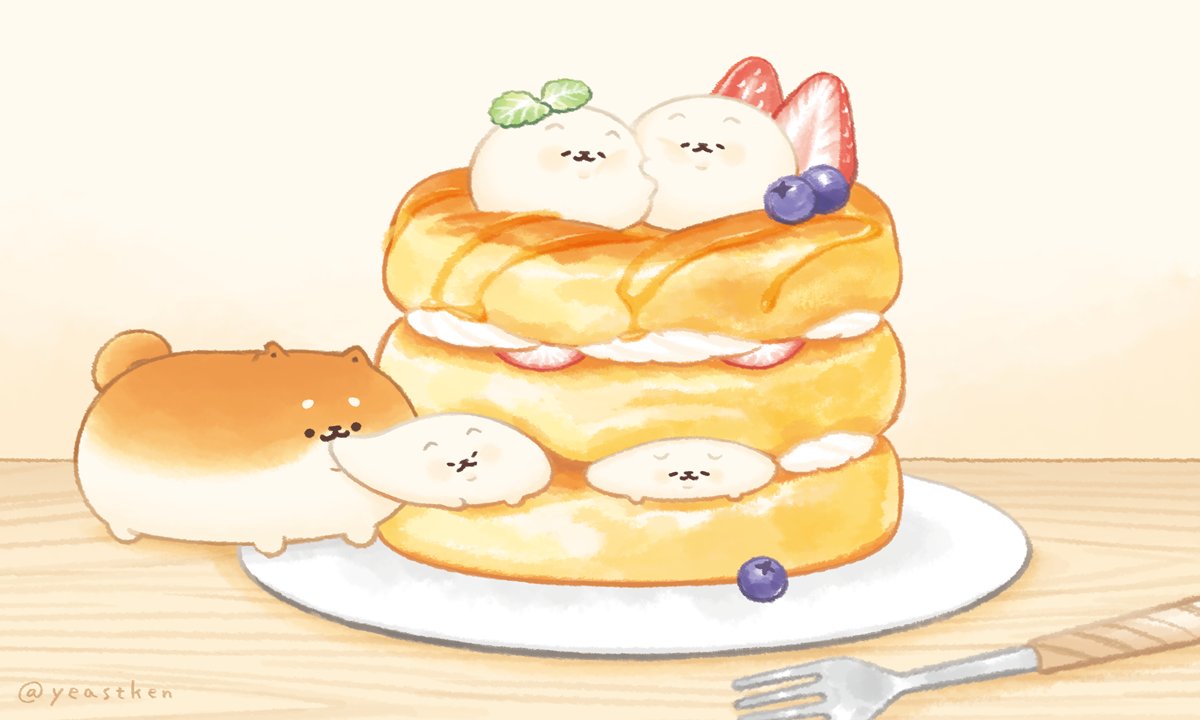 「ホットケーキにうもれるポメ

#いーすとけん。 #yeastken #ちぎりポメ」|いーすとけん。【公式】🍞のイラスト