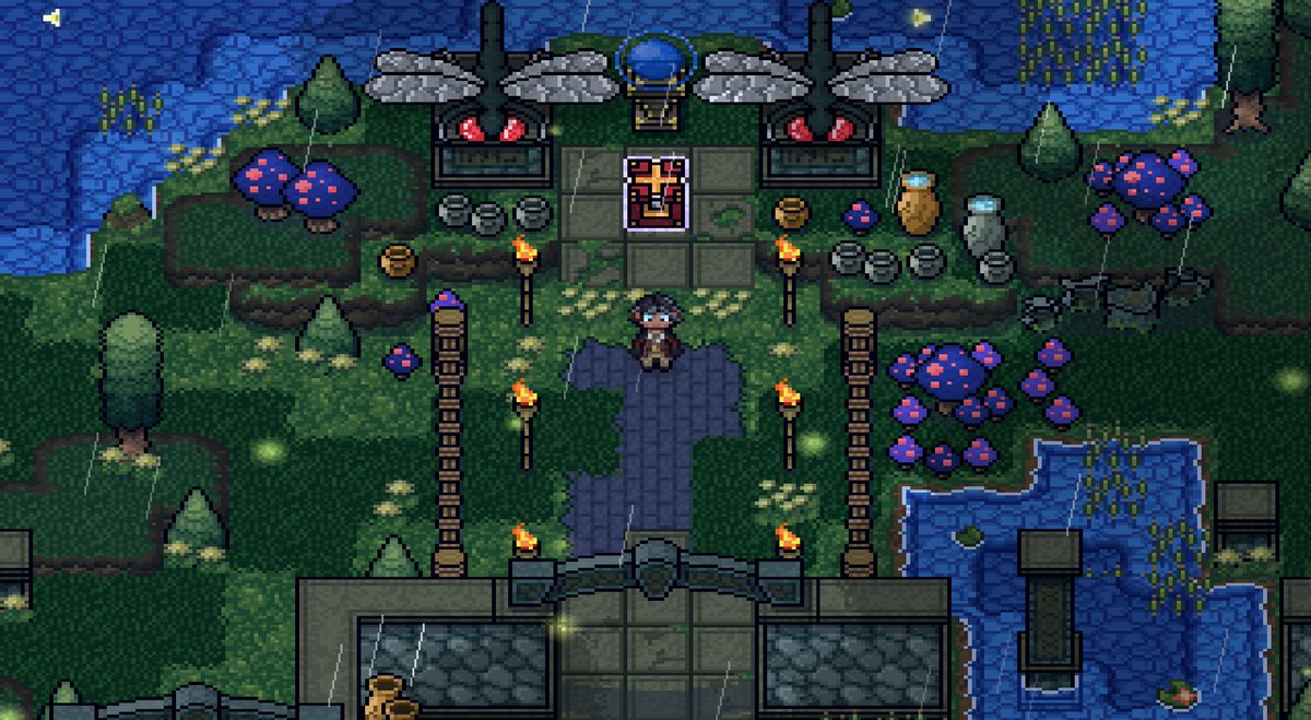 TNB_Development's tweet photo. Exploring the Dragonfly Forest would probably be 
more fun if it wouldn't be raining all the time. 

(Best not think about how the torches are still lit 🤔)

#pixelart #indiedev #rpgmaker #thenovabloodline https://t.co/dUTpnpo3SW