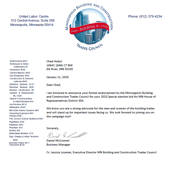 HobotChad's tweet photo. I'm honored and proud to announce my endorsement from the Minneapolis Building and Construction Trades Council. #mnleg #HD30A #ElkRiver #BigLake #Otsego https://t.co/UCW0Dqu6vl