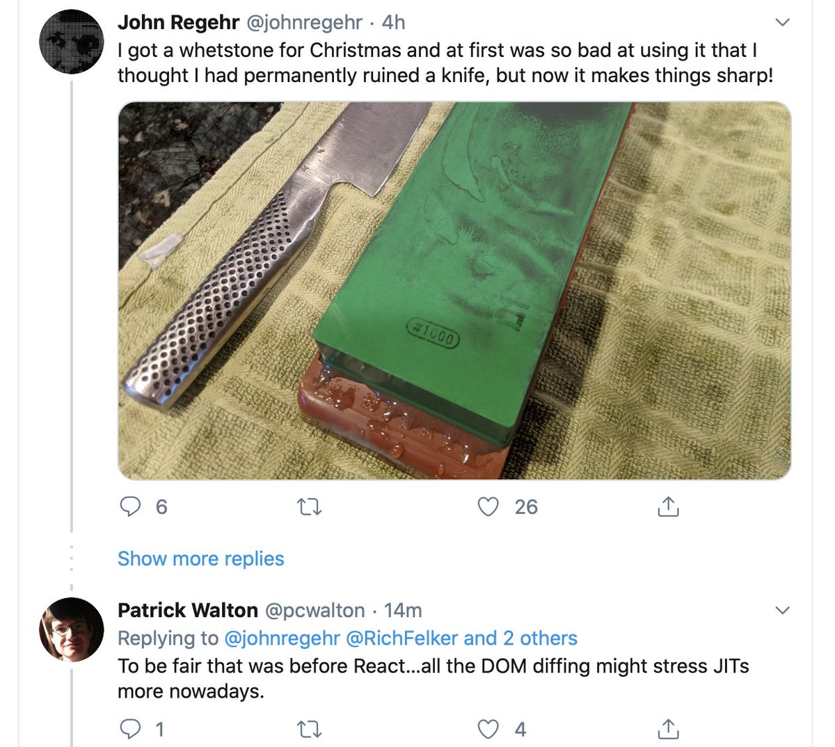 Twitter screenshot showing Patrick's tweet about React under John's original tweet about whetstones