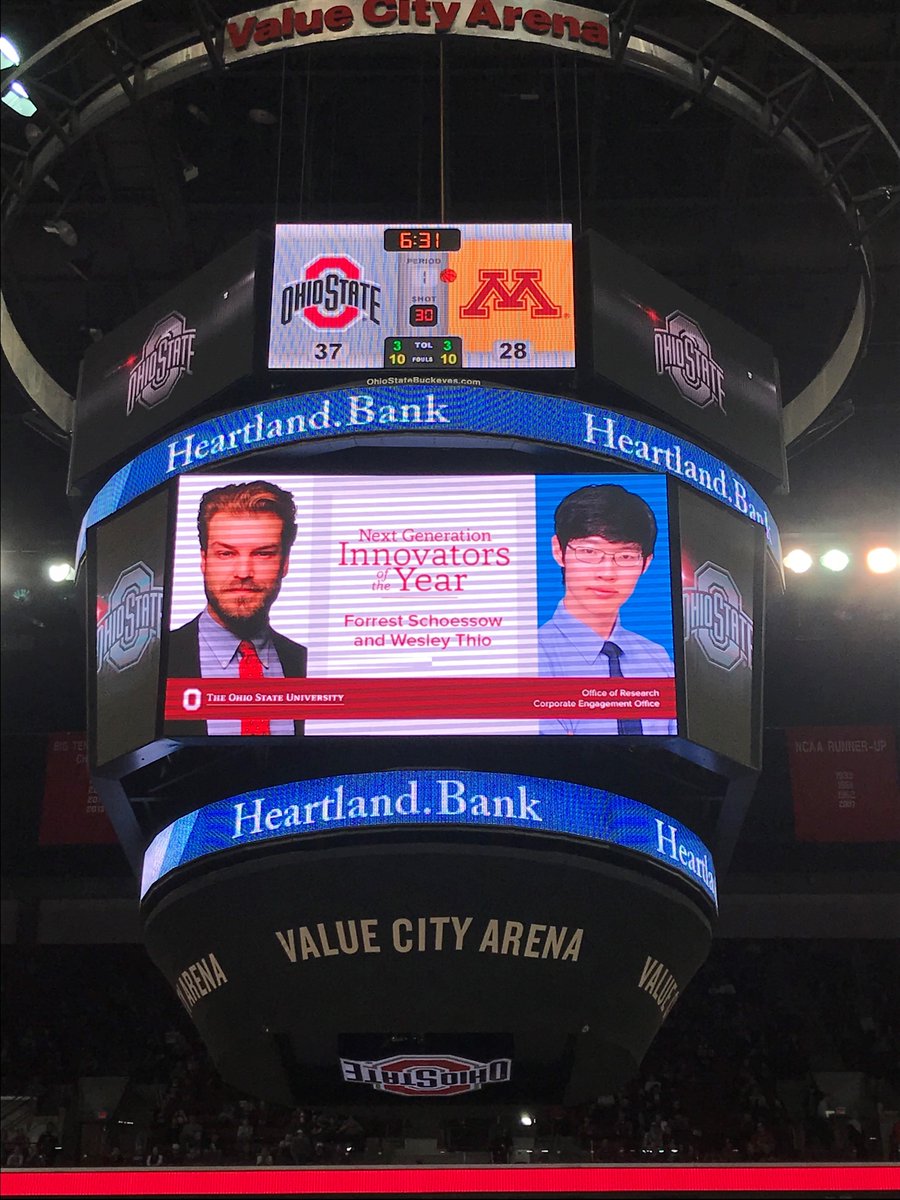 Katrina Cornish joined Tim Raderstorf, Forrest Schoessow and Wesley Thio at the OSU vs Minnesota basketball game for recognition of their outstanding achievements as Innovators of the Year! #Cornish #InnovatoroftheYear #Raderstorf #Schoessow #Thio #OSU #Minnesota #mbb #Rubber