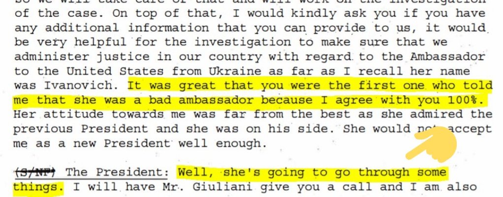 Trump turned over partial notes from his call with President Zelensky.What did Trump tell Zelensky about Yanvanovitch? Trump said, "She's going to go through some things"
