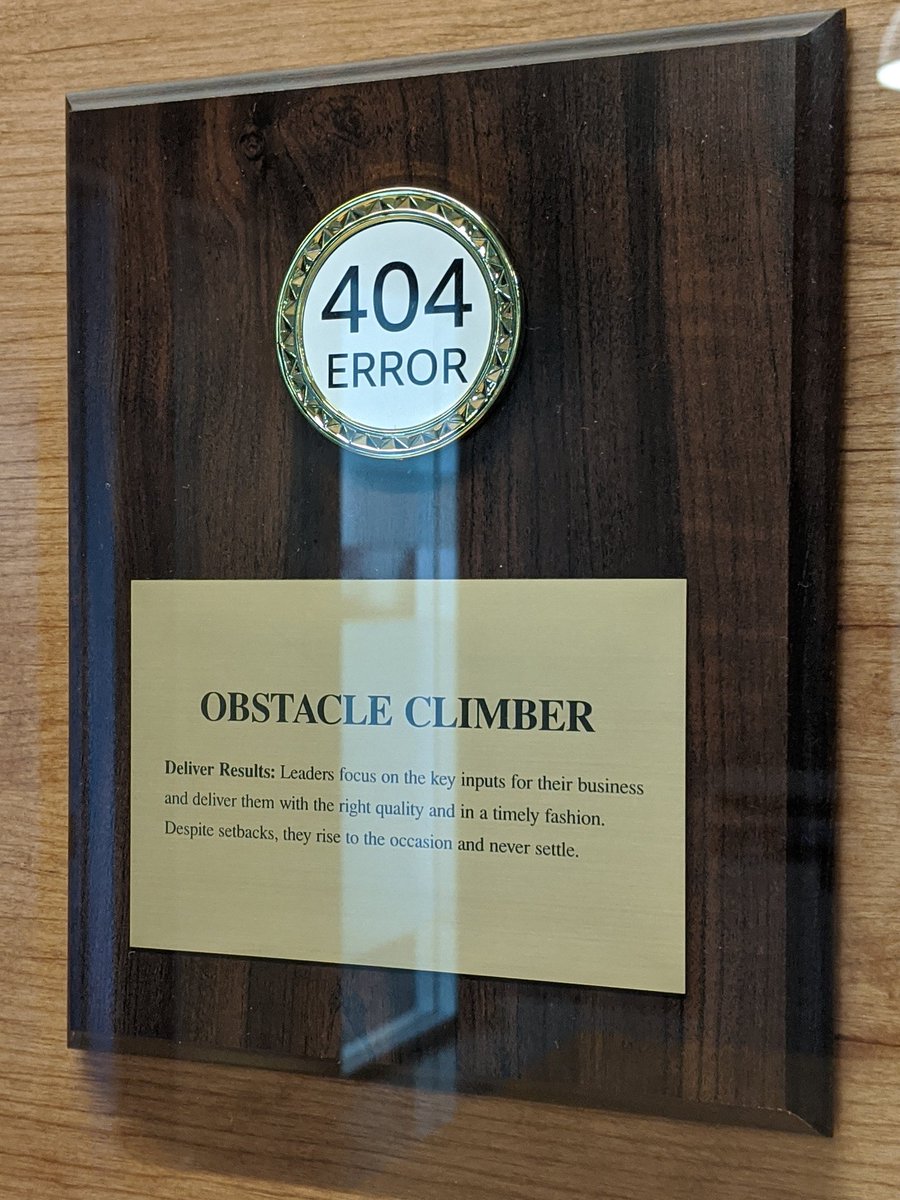 Plaque titled "404 Error", subheadings "Obstacle Climber."

Deliver Results: Leaders focus on the key inputs for their business and deliver them with the right quality and in a timely fashion. Despite setbacks, they rise to the occasion and never settle.