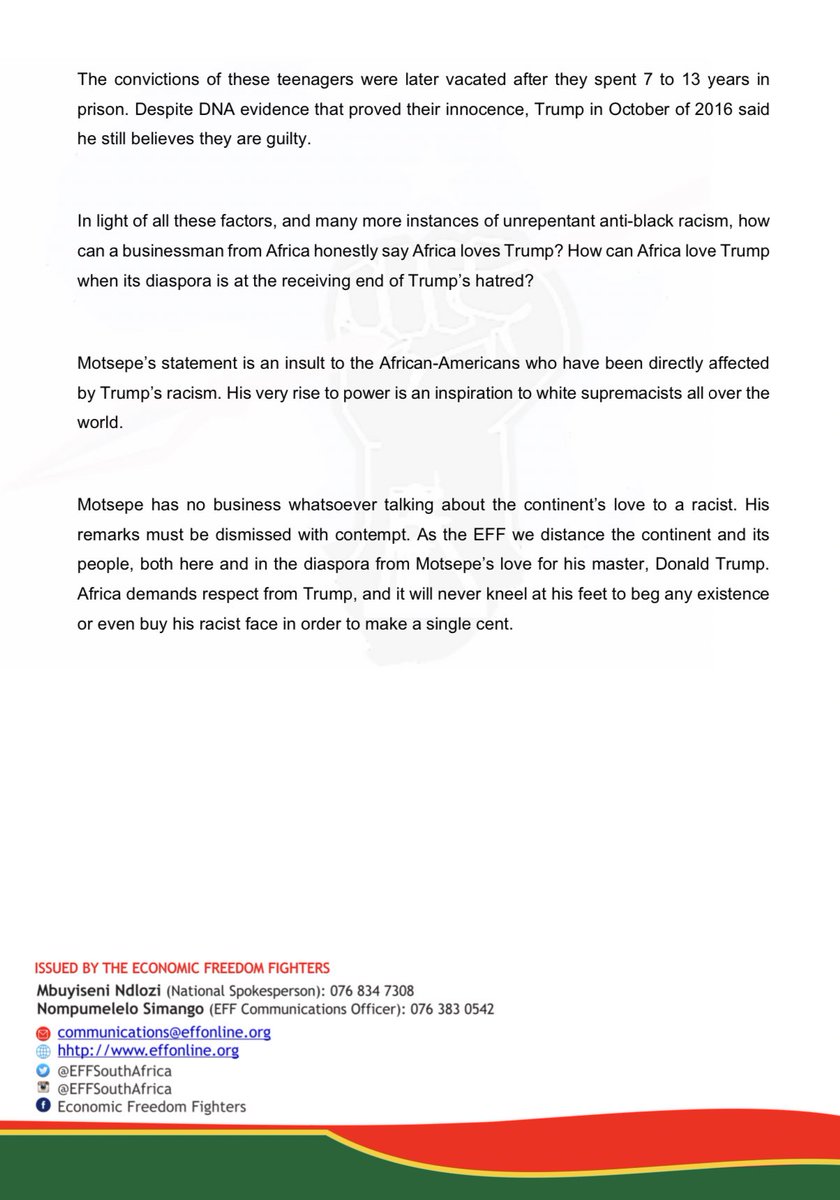 EFFSouthAfrica's tweet photo. EFF Dismisses Motsepe’s Statement to Donald Trump About Africa’s Love. https://t.co/VA44892IFz