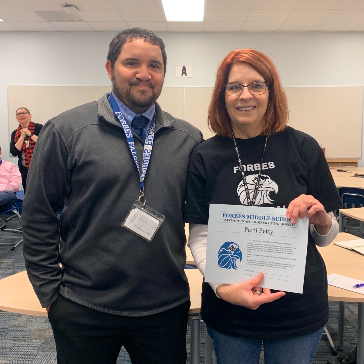Shout out to our spotlight Falcon teacher and staff member for January: Jana Rea, ESL teacher &amp; Patti Petty, principal’s secretary. Way to go!