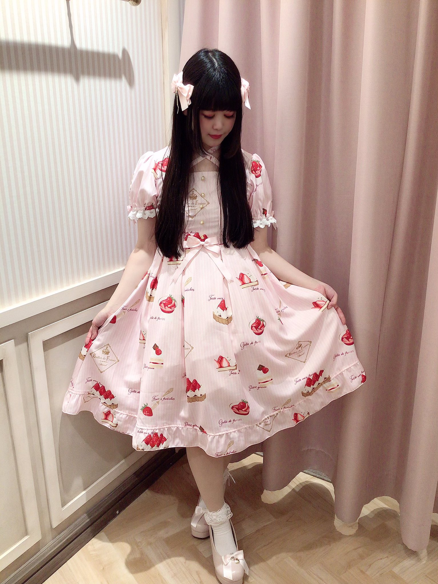 Nodress 2023春夏ピンクケーキプリントの胸あてワンピース XS(SS