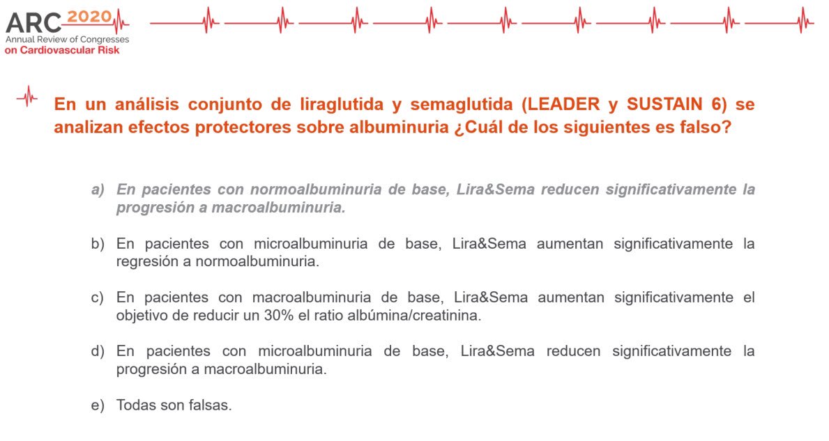 arccardio's tweet photo. #Autoevaluación ❓”En un análisis conjunto de #liraglutida y #semaglutida (LEADER y SUSTAIN 6) se analizan efectos protectores sobre #albuminuria ¿Cuál de los siguientes es falso?” #ArcCardio https://t.co/gww6xg1fBA