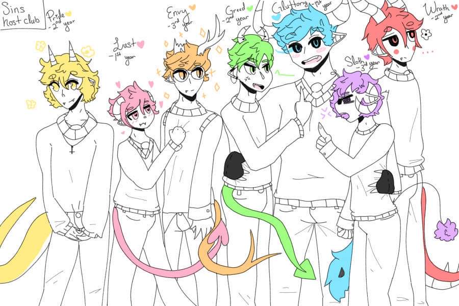 Recently finished designing a host club of good boys! 

Inspired from Ouran because I've been rewatching it lately! 

Based off of the seven deadly sins, please let me know which one(s) are your favorite!