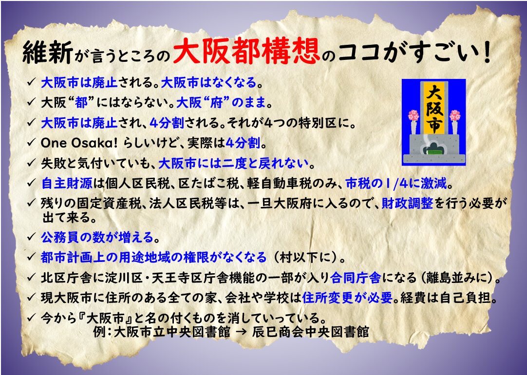 都構想から大阪市を守る党 党首 真田信繁 On Twitter X3yb33tbbqlj5dy Himawari5981 東京23区 より権限を多くして 中核市 並だと言う 大阪都構想 の 特別区設置案 ですが 政令指定都市 大阪市 と比較すると 下図の青黄赤の権限が失われ 緑枠の部分のみ増え