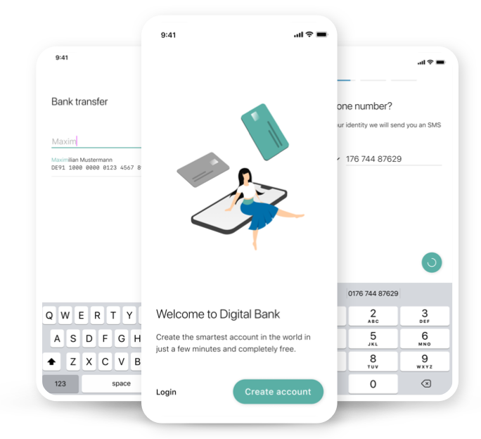 Three stylized smartphones illustrating the screen design of our mobile app. The welcome, payment, and phone number screen are shown.