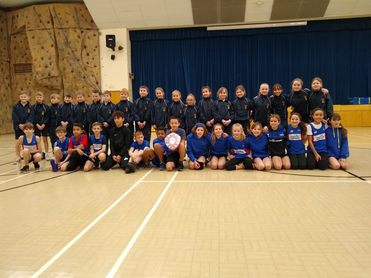 U11 athletes from Preston Harriers and Kirkham Grammar School with the Bob Welfare Memorial Shield after today's Sportshall. A great performance from all involved.  @PrestonHarriers @KirkhamJuniors