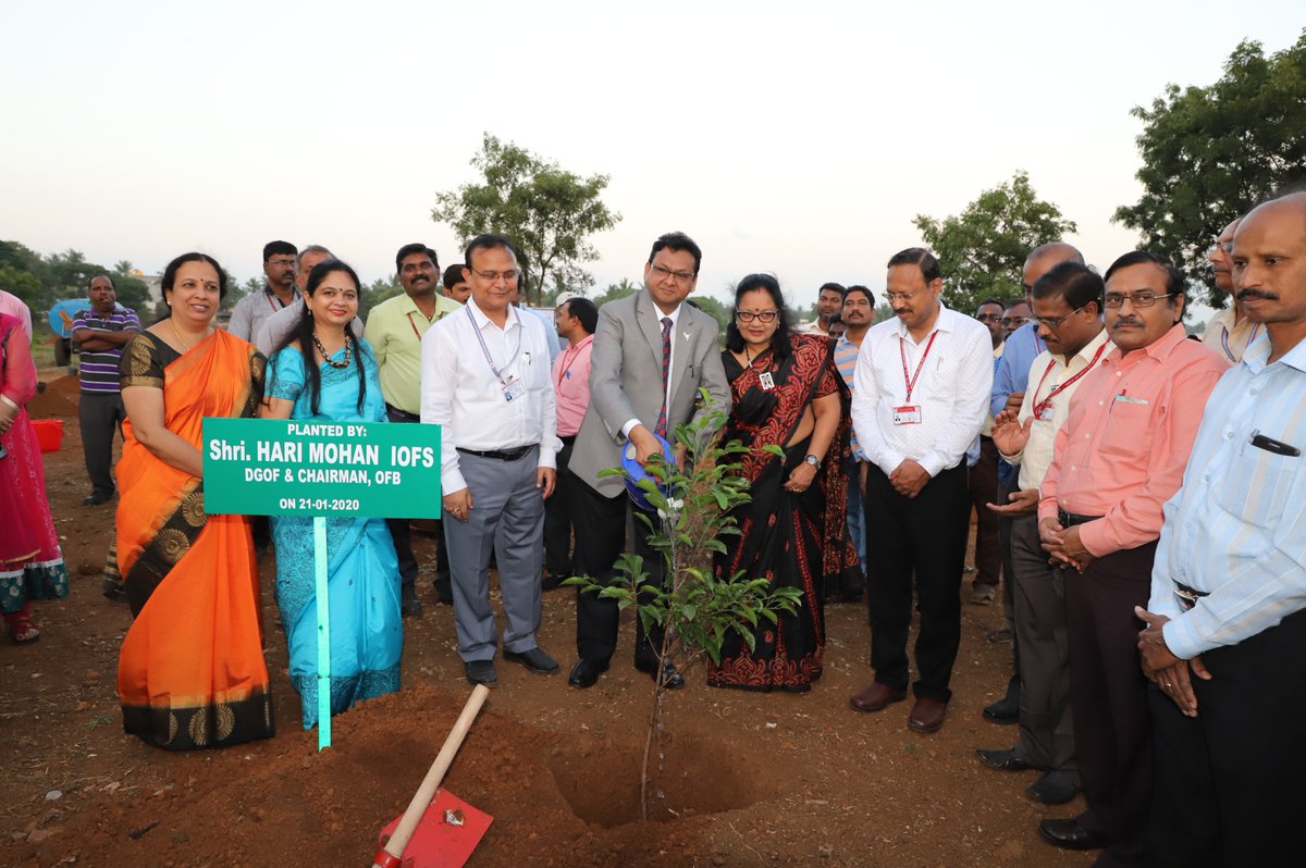 Tree planting by Shri Hari Mohan,DGOF&amp;Chairman,OFB during his visit to HVF on 21.01.2020. Also seen are Smt.Neelam Mohan,Chairperson,AIOFWWA(center) Shri Sanjeev Kishore,Sr.GM/HVF, Smt. Neeraj Saxena,President/WWA/HVF(2nd from left)&amp;other visiting dignitaries