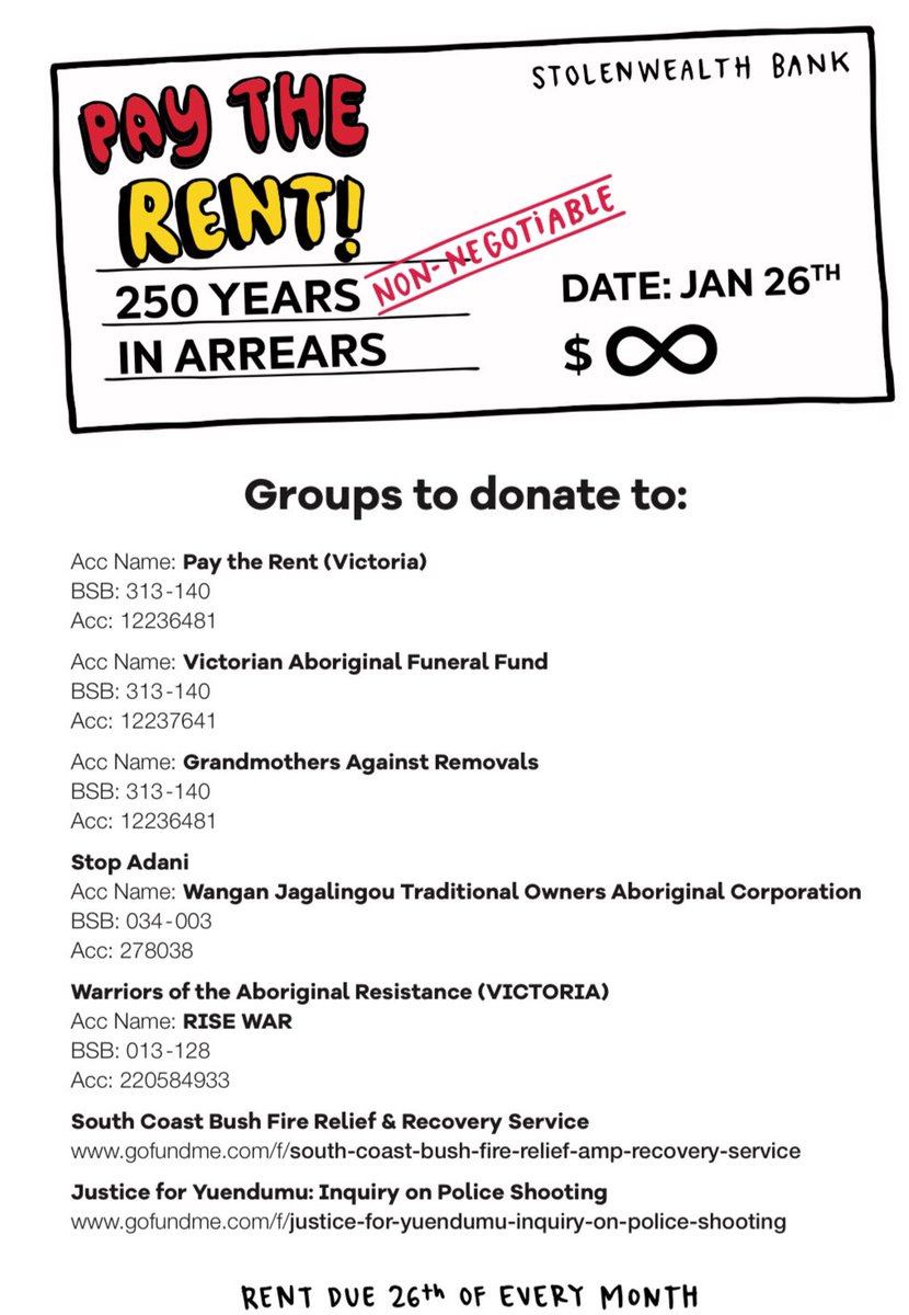 This year for #InvasionDay2020 there is a focus on #PayTheRent. When deaths in custody happen, it’s so awful that Aboriginal families have to create fundraisers to pay for funerals. There are so many expenses involved for families to attend coronial inquests &amp; take time off work.