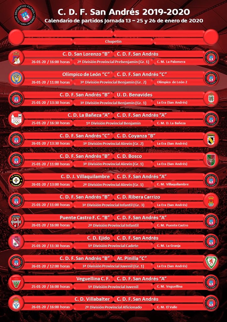 CDFSanandres's tweet photo. 🕑Horarios | Jornada 13⚫️🔴

Ya esta aqui una nueva jornada!

Nuestro equipo aficionado visitará a nuestros vecinos del @VillabalterCD  para disputar el segundo derbi de esta liga.

#Pasionporelfútbol | #RojoGanador | #Sientelo | #Todoalrojo | #GOSanAndres | @futbolbaseleon https://t.co/0vF8DLhBEY
