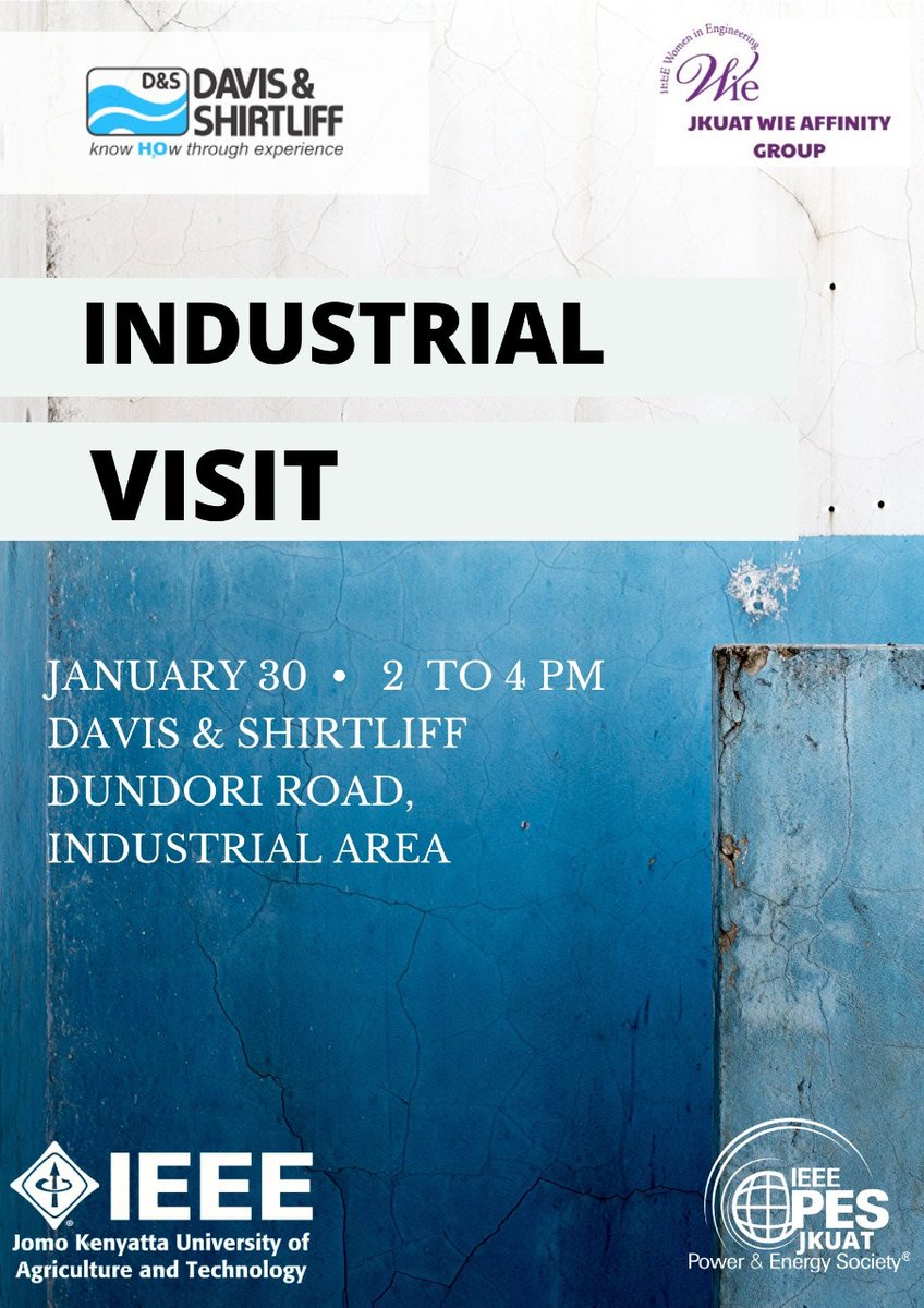 IEEE JKUAT PES and WIE invite you to an industry visit to <a href="/Dayliff/">Dayliff</a> on 30/01/2020.Mark your Calender! Lots in store for you!😎

Registration link: events.vtools.ieee.org/event/register…