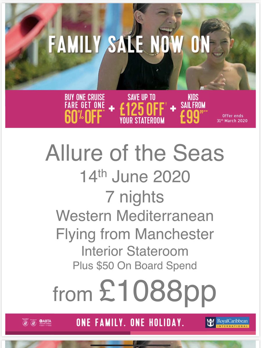 NickiQuintana's tweet photo. We have a Flash Sale this weekend with up to $150 on board spend ... Check out this offer on Allure of the Seas with direct flights from Manchester! #onefamilyoneholiday #paydayweekend https://t.co/P7JUkjMupH