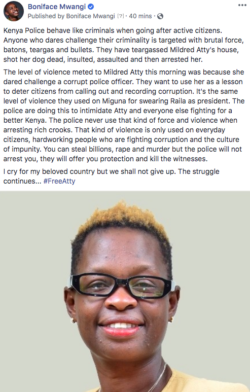 The police are doing this to intimidate Atty and everyone else fighting for a better Kenya.Police never use that kind of force when arresting rich crooks.That kind of violence is only used on everyday citizens who who are fighting corruption and the culture of impunity. #FreeAtty