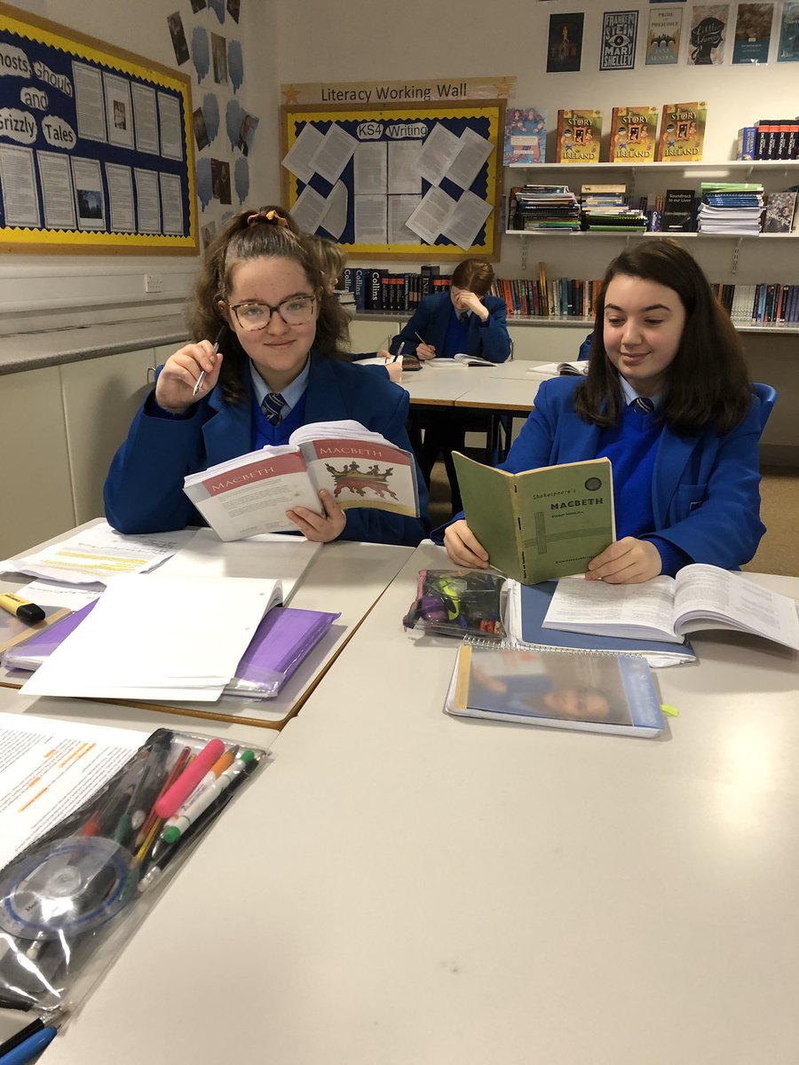 StMarysCollege7's tweet photo. Our Y12 girls, Aisling and Aimee, reading Macbeth. Aimee is adding to the decades-long scholastic legacy of this 1959 copy of Macbeth, first owned and used for study by our HOD Mrs O’Connor’s mother. #thebard #shakespeare #isthisadagger @stmarysderry @The_Globe @ShakespeareBT https://t.co/K8SAhBlob3