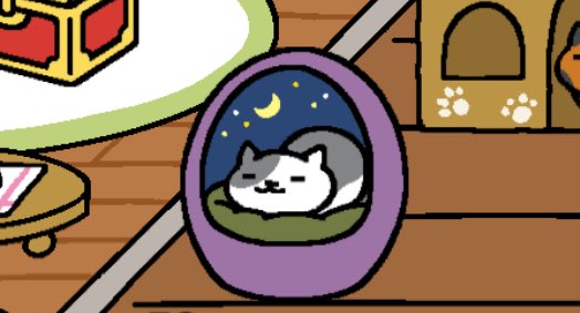 feliciahom's tweet image. Good night Twitter, meow meow said Lexy, sleeping in her egg bed with a night view. #nekoatsume #virtualcat