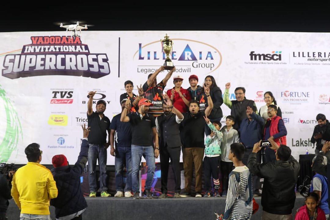 VSupercross's tweet photo. Heartiest congratulations to Trisha Group bagged that winning trophy as a champion team at 1st edition of Vadodara Invitational Supercross. #vadodarasupercross #feelalive #aashansports @punesupercross @lilleriagroup2 @fmsci @TVS_Racing @redbullindia @oakley https://t.co/dM2MZjee3E