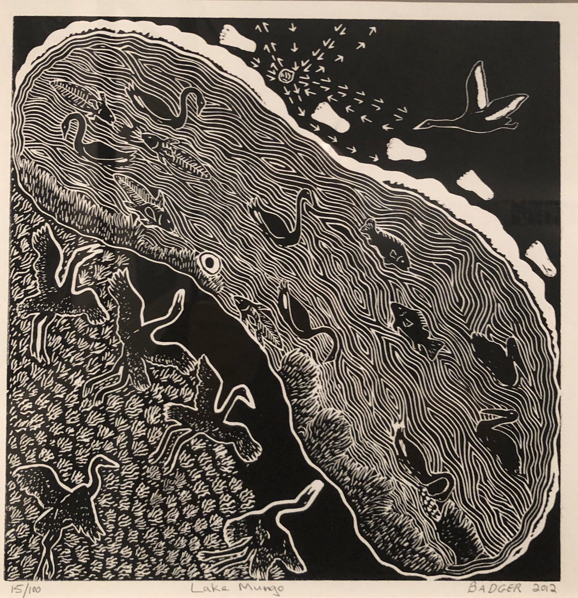 Archaeometry's tweet photo. I finally made it to #tarnanthi at @agsa_adelaide today!  My absolute highlight was this stunning linocut of Lake Mungo by the multi-talented Badger Bates. https://t.co/cu2jbano8E