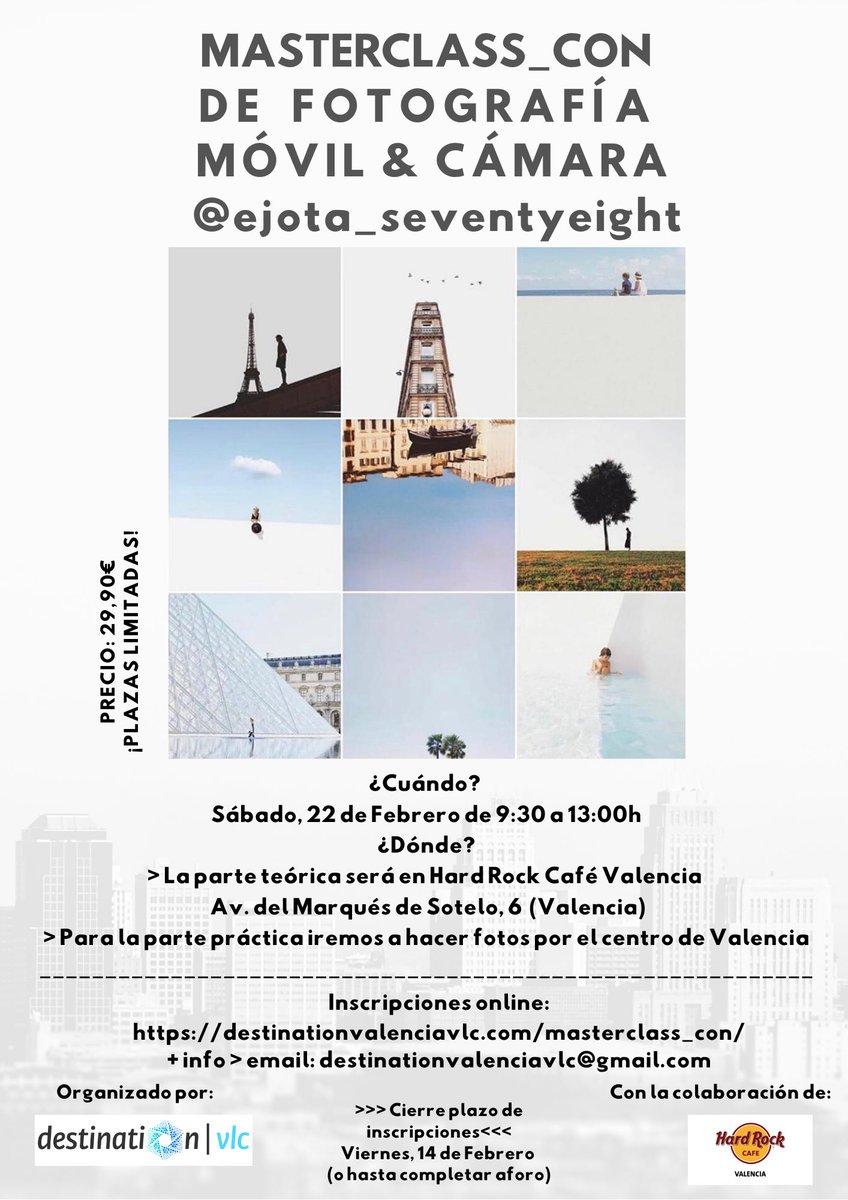 destination_vlc's tweet photo. Si te interesa la fotografía móvil o con tu cámara y estás en #Valencia sólo nos queda 1 plaza para la próxima #masterclass_con con @emilio_chulia el próximo Sábado 22|Febrero por la mañana en @HRCafeValencia [Link para inscripciones: https://t.co/F5ZI8VBFuQ ] 📸 #MasterClass https://t.co/kkA2h07aQF