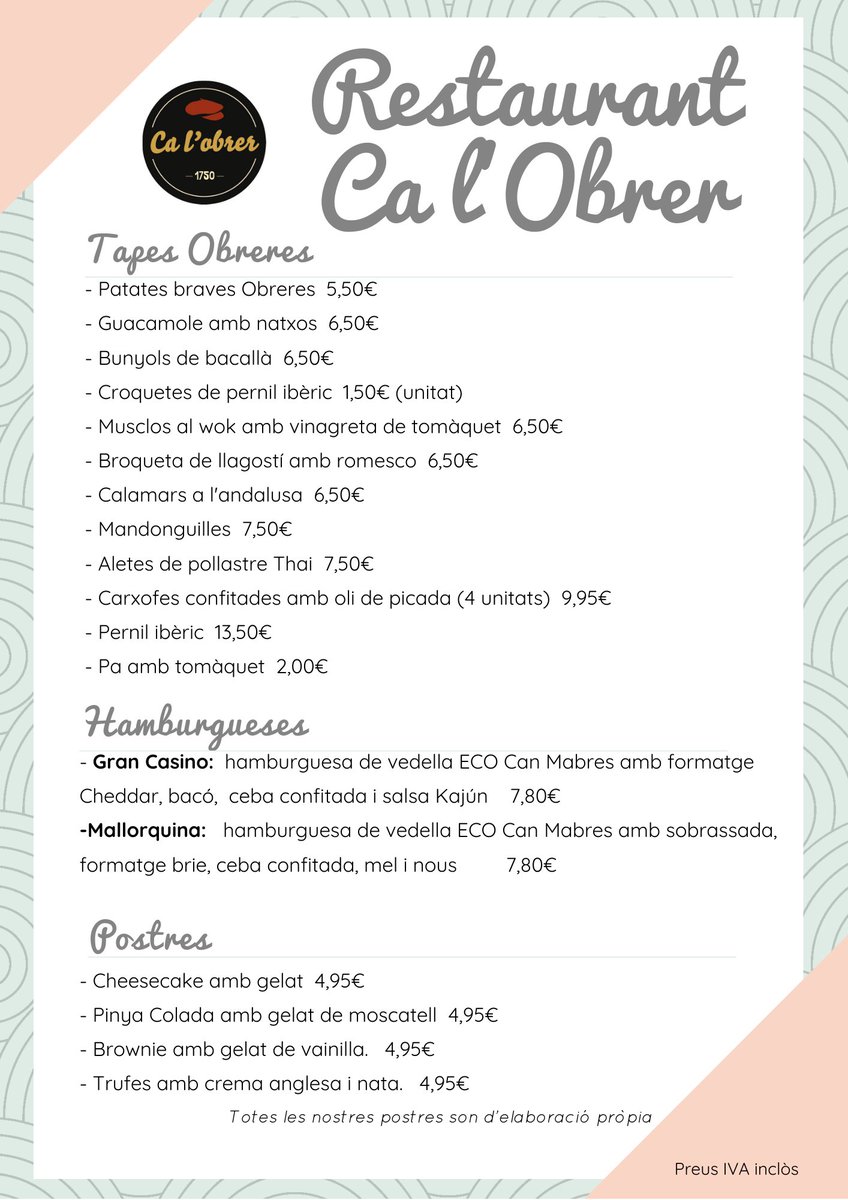 Us deixem l'oferta gastronòmica que us hem preparat per aquest cap de setmana! 👌🏻 Feu una ullada a la #carta, hi trobareu entrants 🥗, carns 🥩, peixos 🐟, tapes obreres 🍤, hamburgueses 🍔 i no hi falten les nostres postres casolanes 🍰!

#Restaurant #Calobrer #Terrassacentre