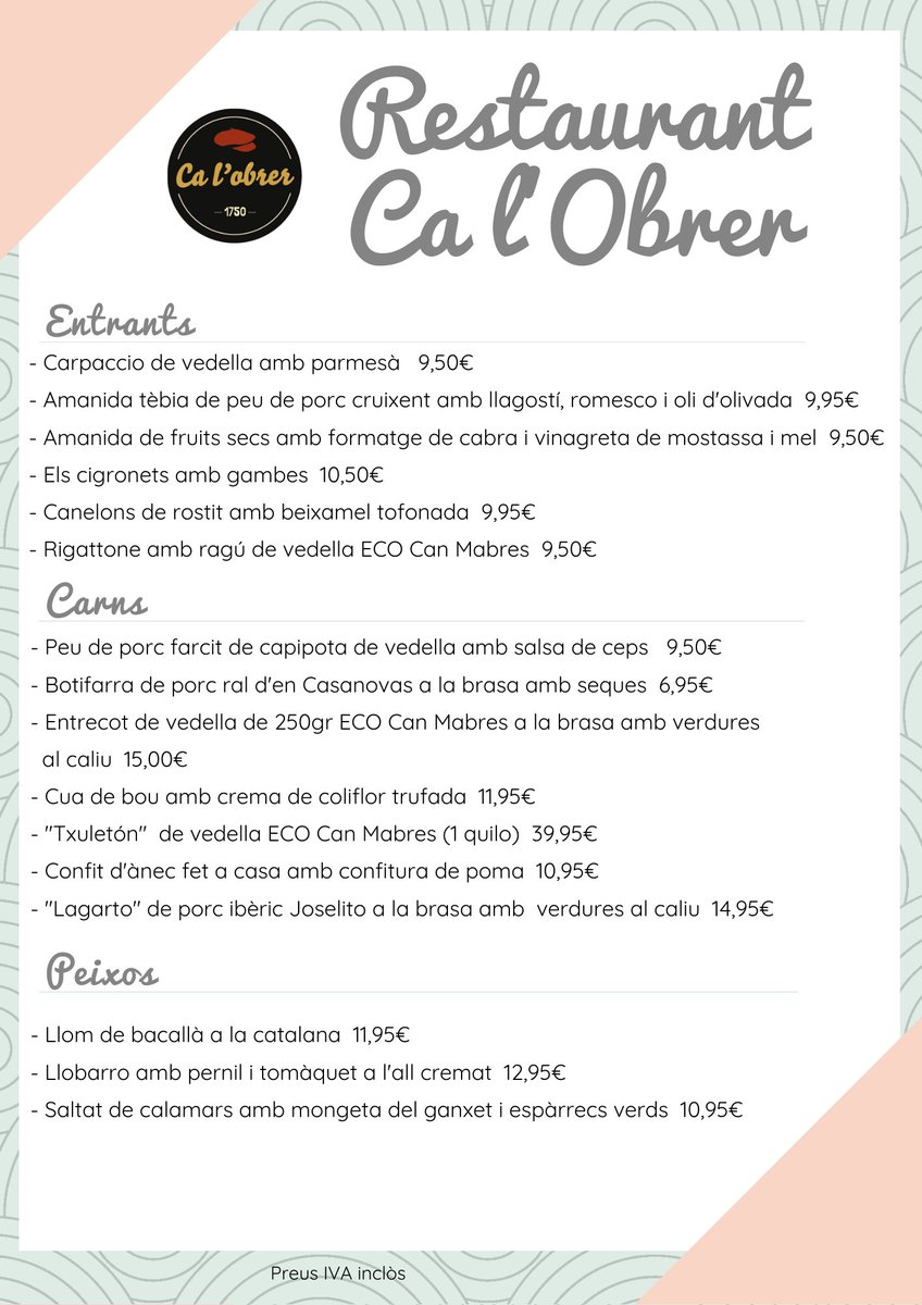 calobrer's tweet photo. Us deixem l'oferta gastronòmica que us hem preparat per aquest cap de setmana! 👌🏻 Feu una ullada a la #carta, hi trobareu entrants 🥗, carns 🥩, peixos 🐟, tapes obreres 🍤, hamburgueses 🍔 i no hi falten les nostres postres casolanes 🍰!

#Restaurant #Calobrer #Terrassacentre https://t.co/QMOB0SYbKP