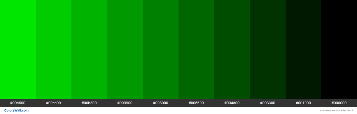 Shades X11 color Lime #00FF00 hex #00e600, #00cc00, #00b300, #009900 ...