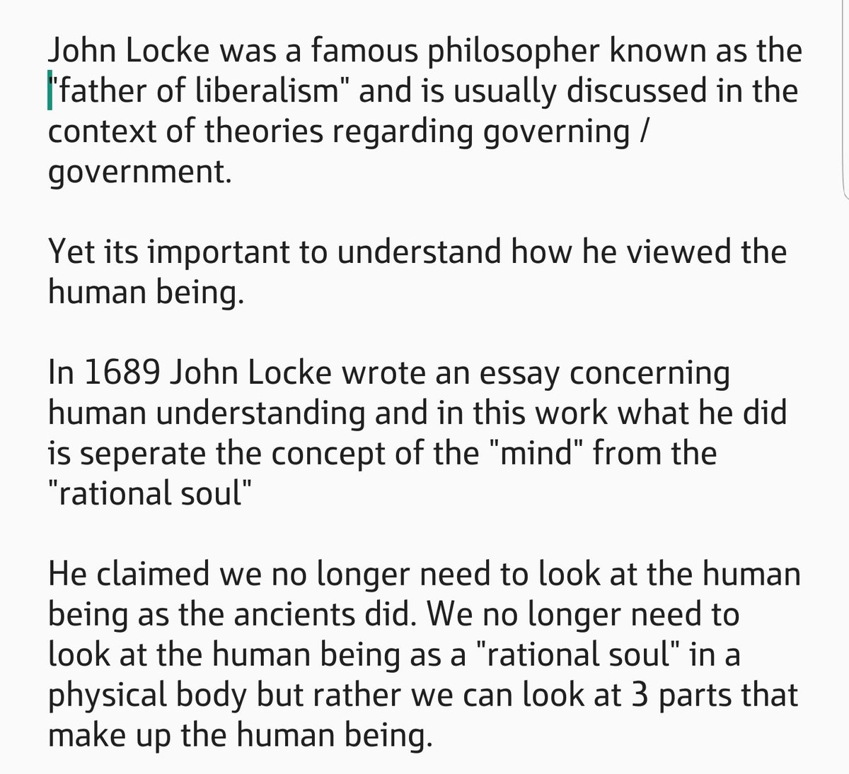 1) How did Philosopher John Locke view the human being?