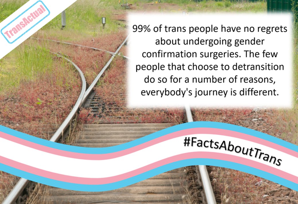 TransActualUK's tweet photo. 99% of trans people have no regrets about undergoing gender confirmation surgeries. The few people that choose to detransition do so for a number of reasons, everybody's journey is different. https://t.co/HuCdlQn5eW