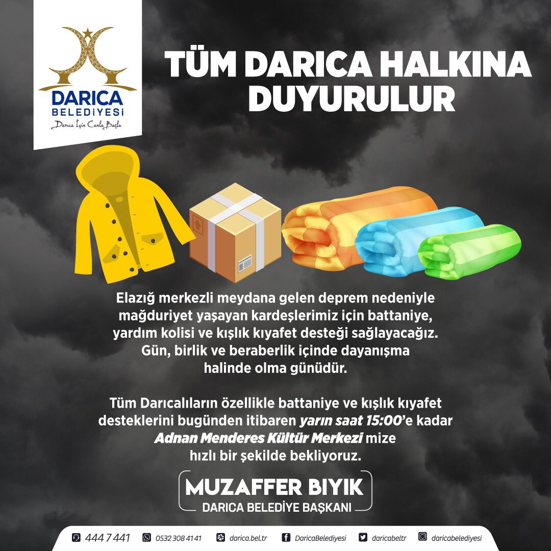 Başkan Bıyık'tan Darıcalılara Elazığ için acil çağrı