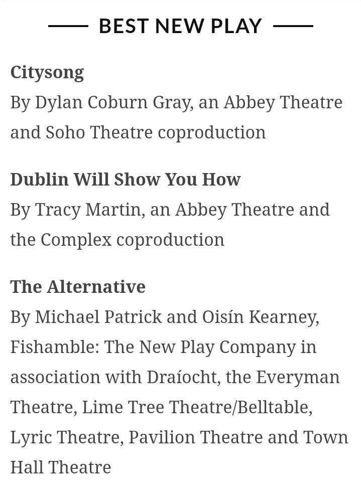 Fishamble's tweet photo. Fishamble's #TheAlternative by @micktheejit & Oisín Kearney has 3 nominations for the @IrishTimes Theatre Awards, as Best New Play, Jim Culleton as Best Director, & @ClohessyMusic for Best Soundscape! Thanks to all our partners and funders for making #APlayForIreland a reality. https://t.co/j4YRMwssSY