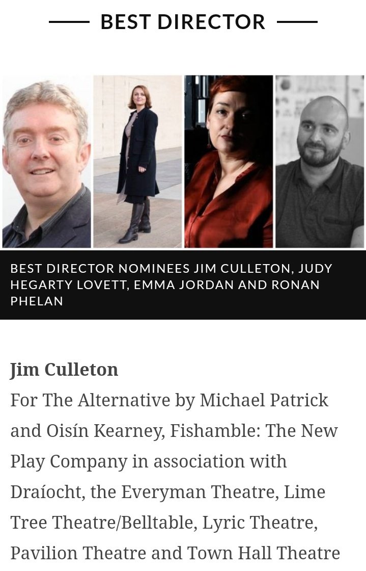 Fishamble's tweet photo. Fishamble's #TheAlternative by @micktheejit & Oisín Kearney has 3 nominations for the @IrishTimes Theatre Awards, as Best New Play, Jim Culleton as Best Director, & @ClohessyMusic for Best Soundscape! Thanks to all our partners and funders for making #APlayForIreland a reality. https://t.co/j4YRMwssSY