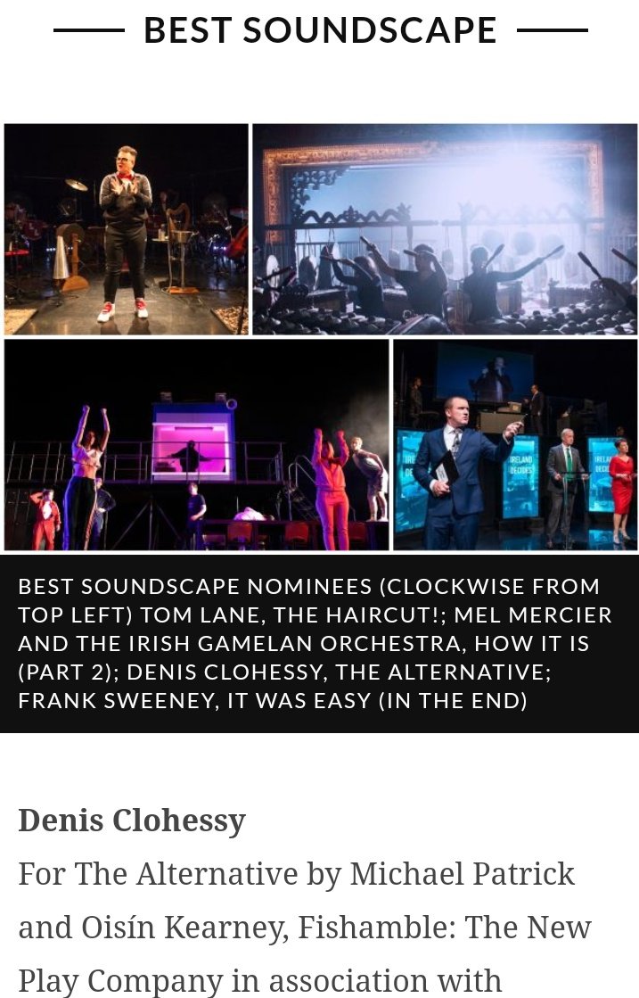 Fishamble's tweet photo. Fishamble's #TheAlternative by @micktheejit & Oisín Kearney has 3 nominations for the @IrishTimes Theatre Awards, as Best New Play, Jim Culleton as Best Director, & @ClohessyMusic for Best Soundscape! Thanks to all our partners and funders for making #APlayForIreland a reality. https://t.co/j4YRMwssSY