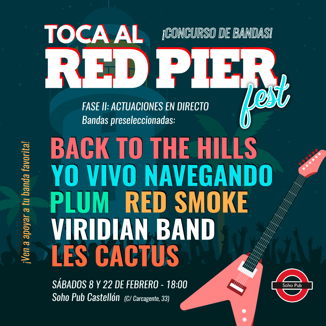 ¡Ya tenemos el cartel de la segunda fase del concurso! Podrás ver a nuestros participantes los próximos 8 y 22 de febrero en el Soho Pub de Castellón ¡No te lo pierdas! #RedPierFest2020