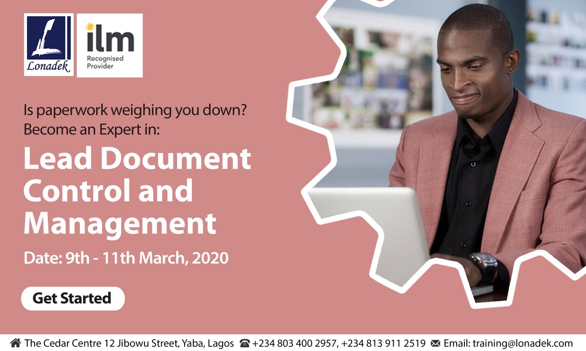 LonadekInc's tweet photo. Our Lead Document Control and Management training is certified by @ILM_UK
⠀
This training will hold from 9th - 11th 2020.
Take charge of your career.
Get full details and Register at- https://t.co/mVHaOlFi5s
#LeadDocumentControl #Electronicdocument #TrainingInLagos https://t.co/B5nLnOZ8AS