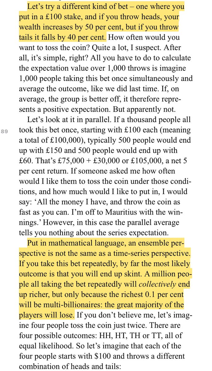 “If you take this bet repeatedly, by far the most likely outcome is that you will end up skint. A million people taking the bet repeatedly will collectively end up richer, but only because the richest 0.1% will be multi-billionaires: the great majority of the players will lose.”