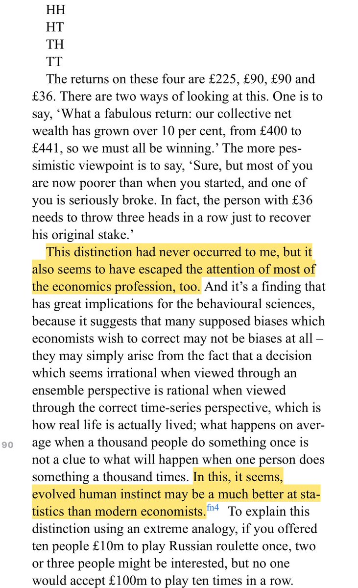 “If you take this bet repeatedly, by far the most likely outcome is that you will end up skint. A million people taking the bet repeatedly will collectively end up richer, but only because the richest 0.1% will be multi-billionaires: the great majority of the players will lose.”