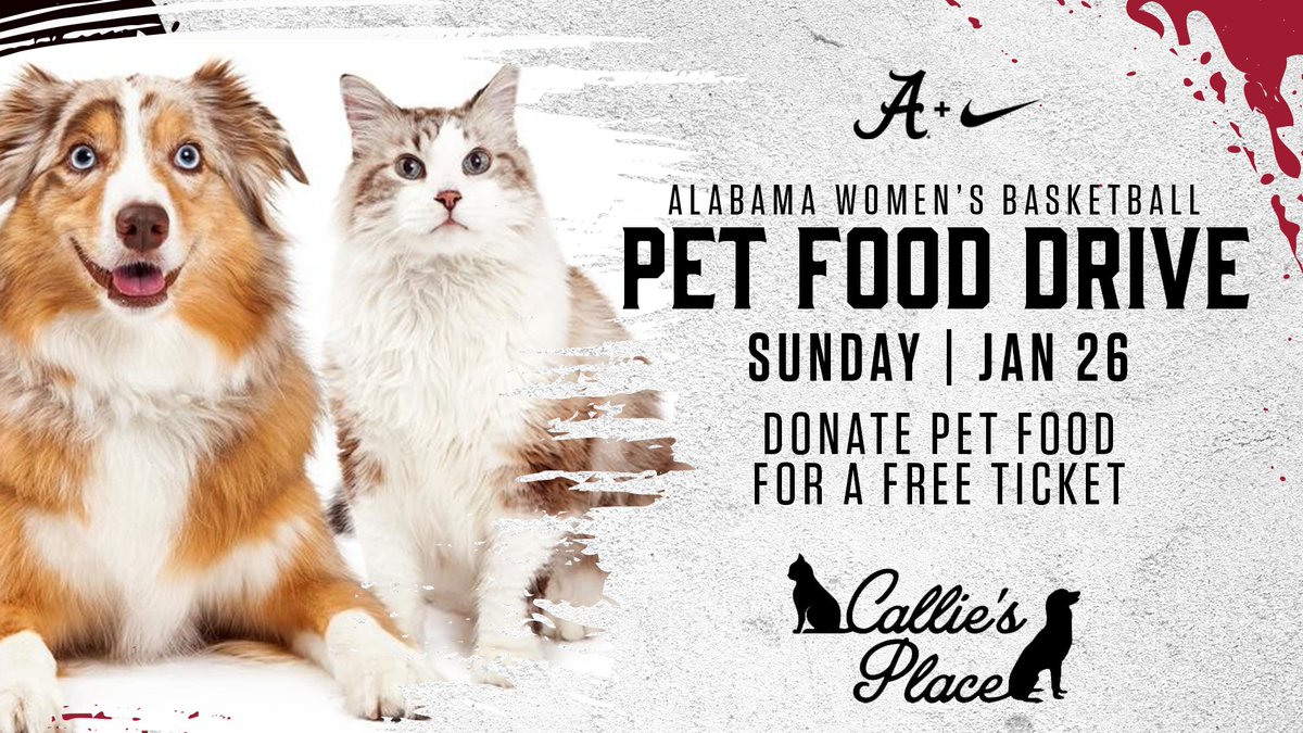 UA_Athletics's tweet photo. Come out to @AlabamaWBB vs. Vanderbilt tomorrow at 2 PM for our pet food drive. If you’re looking for a new furry best friend, you’re in luck! We will have dogs that are up for adoption and looking for forever homes! 🐶 https://t.co/D9l8PYwTyy