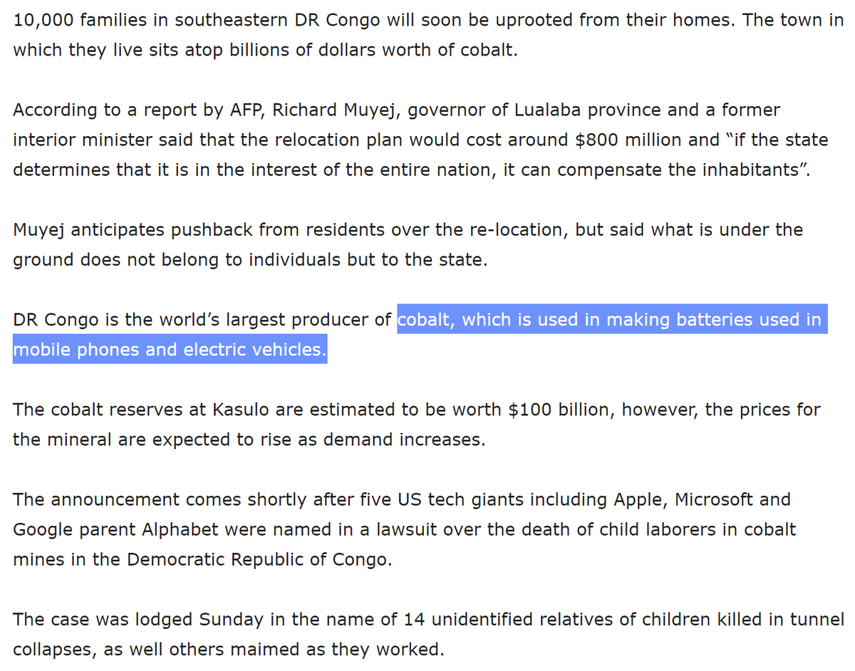 The high demand in Cobalt is killing workers and displacing families in the DR Congo. Cobalt has been used in mobile phones and is also used in making batteries for electric vehicles. What's green for the West isn't clean for everyone. https://africa.cgtn.com/2019/12/18/10000-families-to-be-moved-from-dr-congo-cobalt-site/