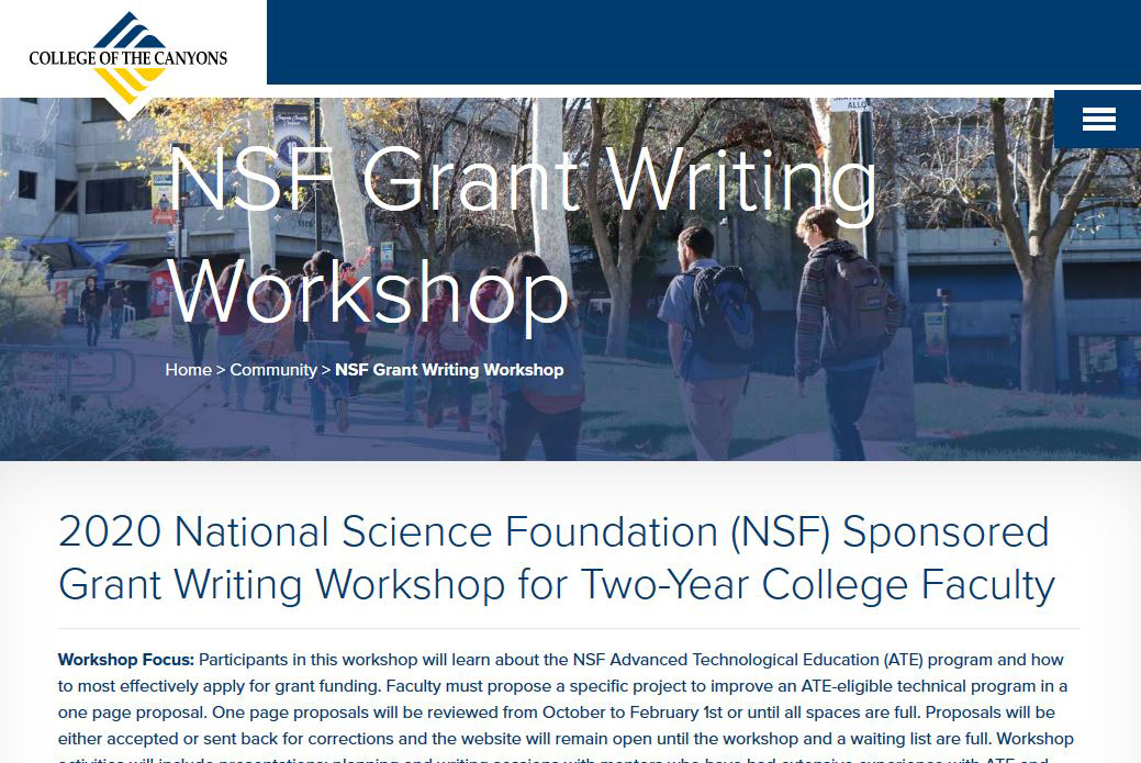 NCyTE_Center's tweet image. NSF Sponsored Grant Writing Workshop for 2-Year College Faculty at College of the Canyons, June 14-17 in Santa Clarita, CA. Register by February 1   #cybereducator 
canyons.edu/community/gran…