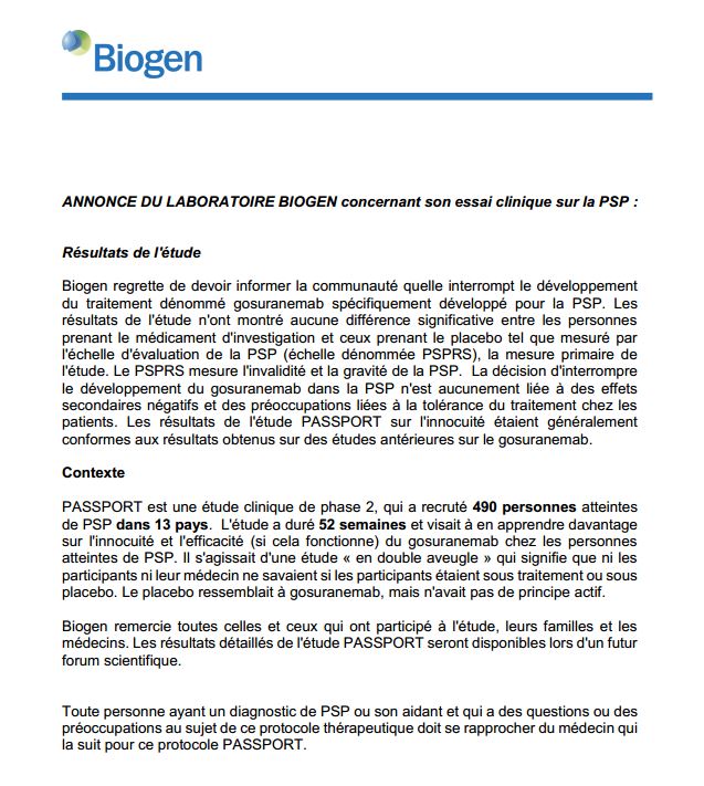 PSPFrance's tweet photo. Nous avons le regret de vous informer que les résultats de l’essai clinique BIOGEN, basé sur des anticorps antitau, sont négatifs.

En 2020, 2 autres essais cliniques sur la PSP vont débuter et recruteront des patients en France. Contactez nous pour plus d’informations.

#PSP https://t.co/XWsPSyjeWQ